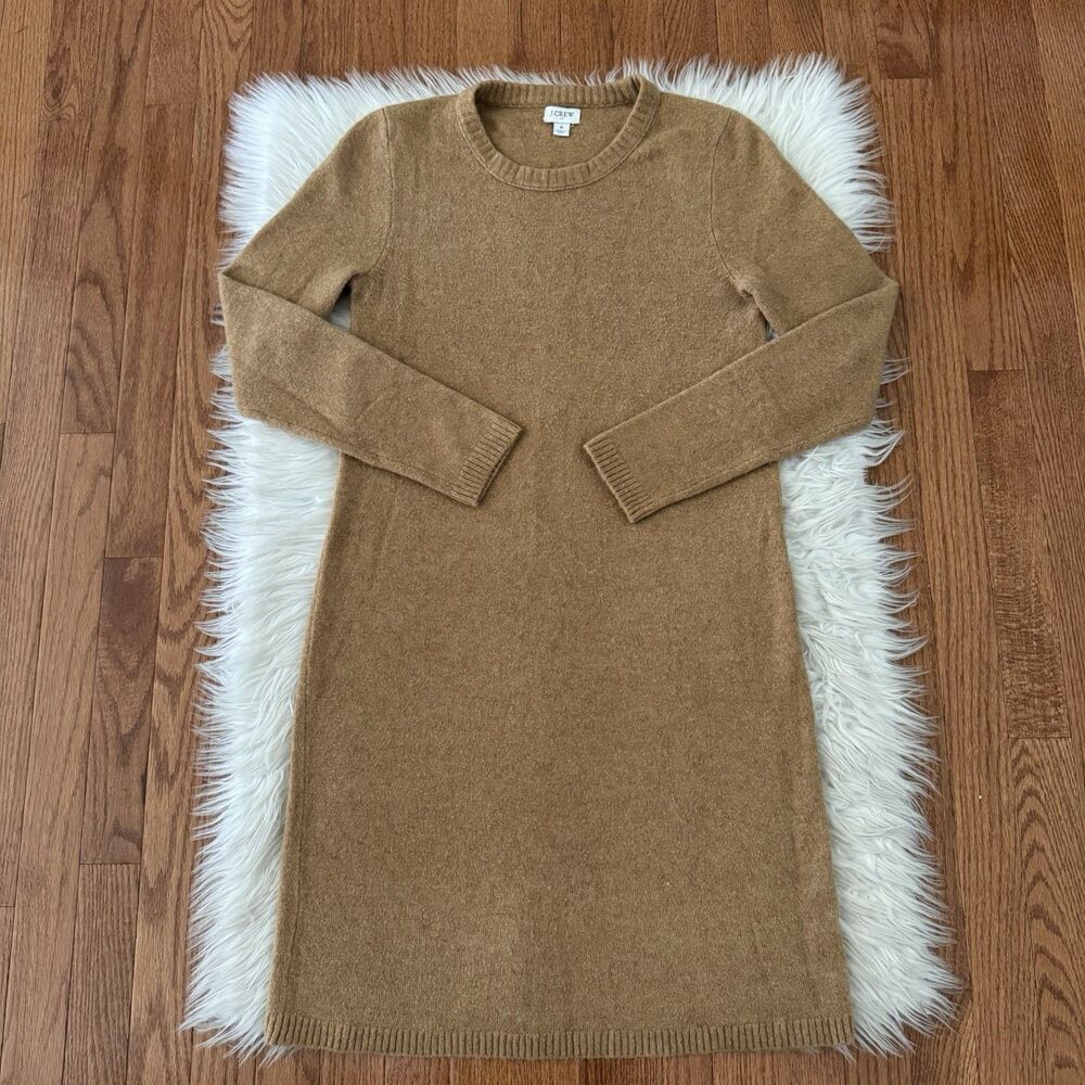 J Crew Wool Sweater Dress Women’s Small Camel Brown Knit Crewneck Long Sleeve
